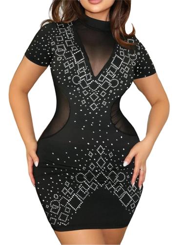 Black Rhinestone Spliced Mesh Short Sleeve Bodycon Dress TQG830010-2