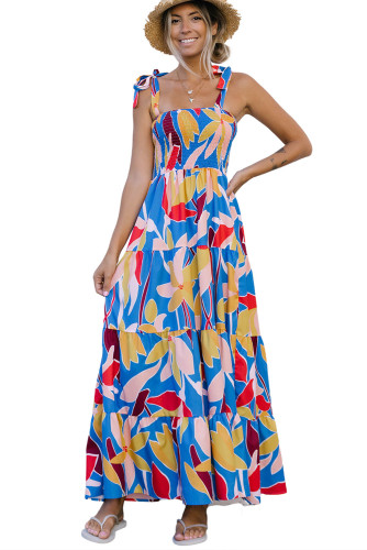 Blue Boho Print Tie Straps Smocked Maxi Dress LC6114518-5