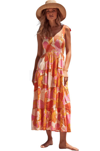 Orange Boho Print Tie Straps Smocked Maxi Dress LC6114518-14