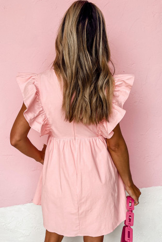 Pink Ruffle Short Sleeves V Neck Pocket Mini Dress LC6115628-10