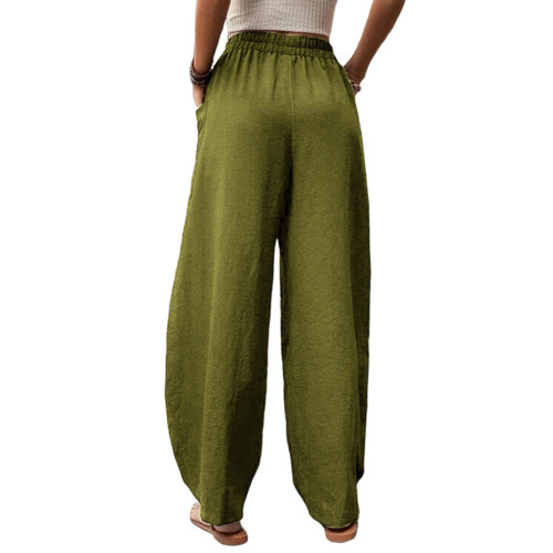 Green Solid Elastic Waist Pocket Casual Pants TQL510153-9