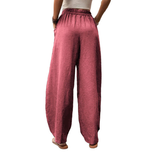 Rust Red Solid Elastic Waist Pocket Casual Pants TQL510153-33
