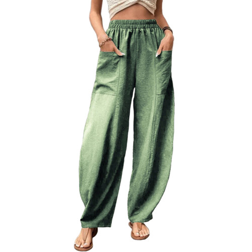 Grass Green Solid Elastic Waist Pocket Casual Pants TQL510153-61