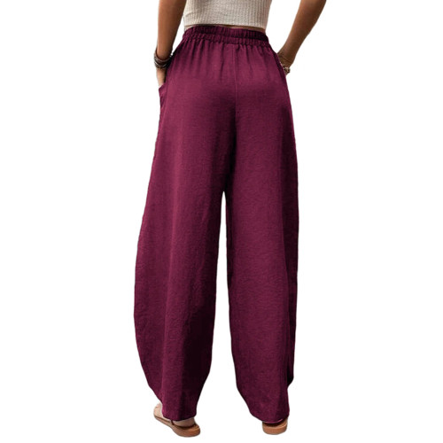 Dark Purple Solid Elastic Waist Pocket Casual Pants TQL510153-35