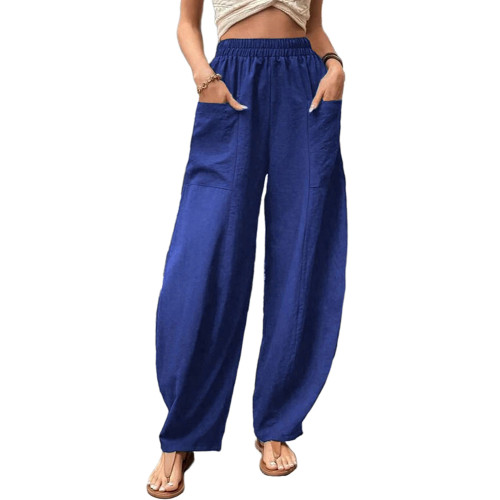 Royal Blue Solid Elastic Waist Pocket Casual Pants TQL510153-62