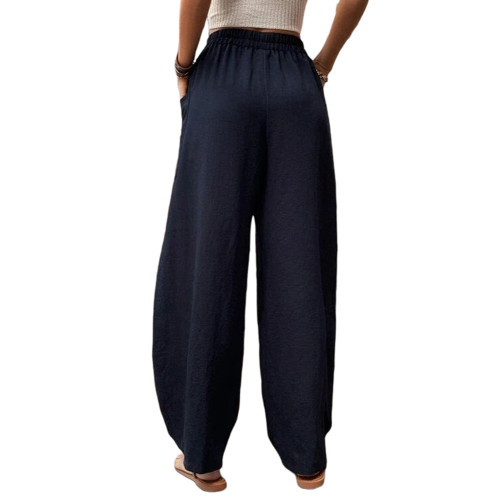 Navy Blue Solid Elastic Waist Pocket Casual Pants TQL510153-34