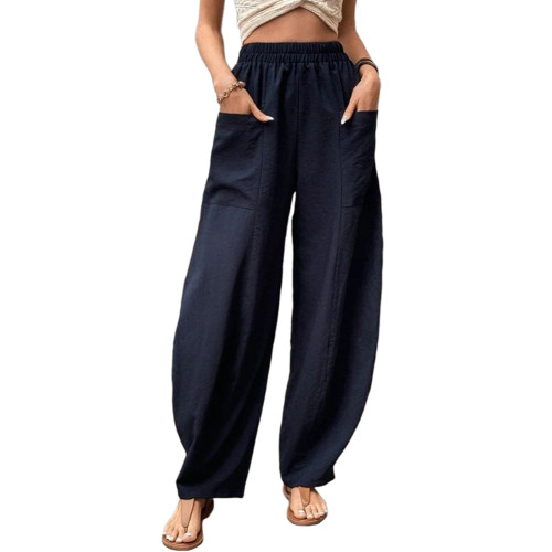 Navy Blue Solid Elastic Waist Pocket Casual Pants TQL510153-34