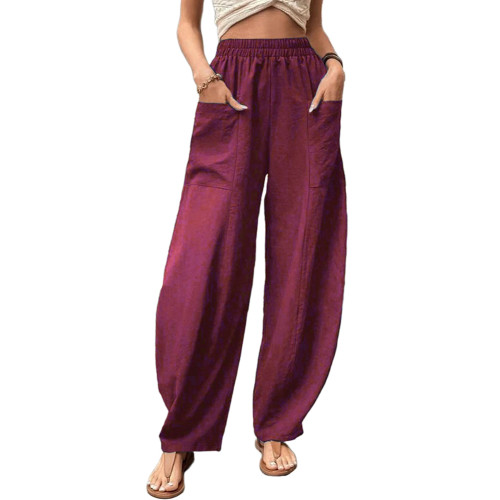 Dark Purple Solid Elastic Waist Pocket Casual Pants TQL510153-35