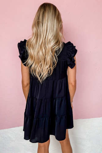 Black Ruffle Flutter Sleeve Pleated Tiered Mini Dress LC6114941-2