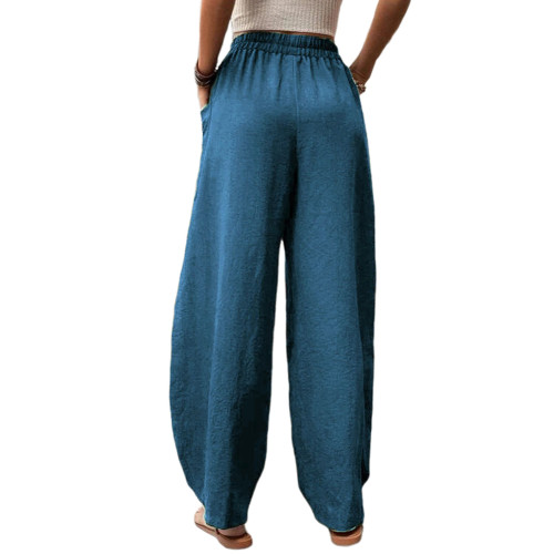 PeaCock Blue Solid Elastic Waist Pocket Casual Pants TQL510153-68