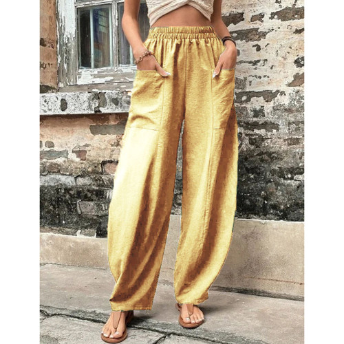 Light Yellow Solid Elastic Waist Pocket Casual Pants TQL510153-42