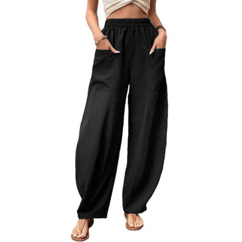 Black Solid Elastic Waist Pocket Casual Pants