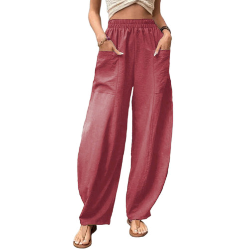 Rust Red Solid Elastic Waist Pocket Casual Pants TQL510153-33