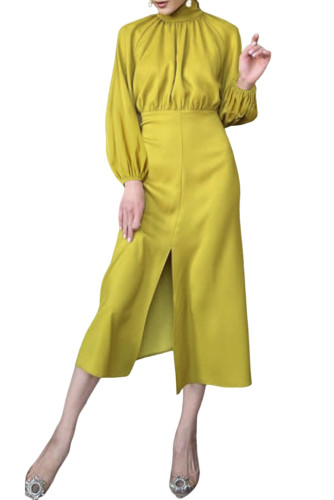 Yellow Ribbon Tie Back Long Puff Sleeve Slit Midi Dress LC6115718-7