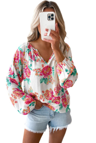 White Notch V Neck Floral Pleated Puff Sleeve Blouse LC25121544-1