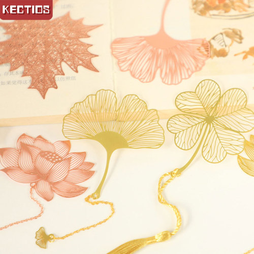【Kectios™】金屬書籤 文藝風創意葉脈玫瑰金鏤空楓葉流蘇套裝杏葉書籤