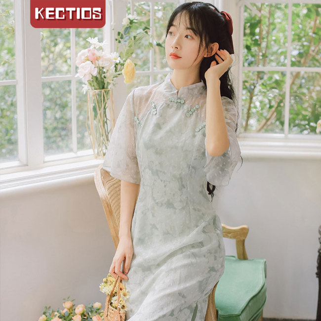 【Kectios™】復古國風印花改良旗袍裙2020夏季新款文藝小清新連衣裙