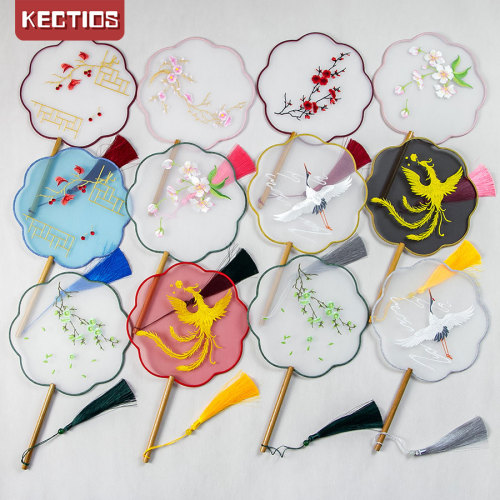 【Kectios™】仿真絲古風扇子團扇刺繡古裝宮廷漢服女式長柄流蘇異型扇