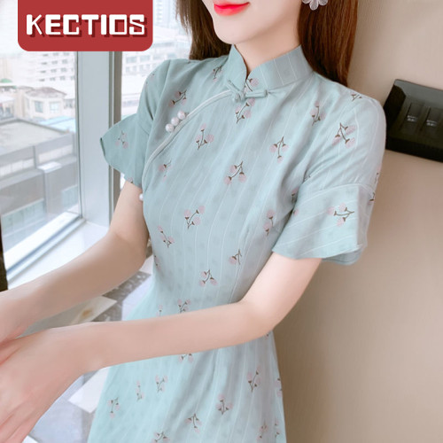 【Kectios™】【法式改良旗袍】2021年新款小個子連衣裙子女裝夏裝氣質碎花裙