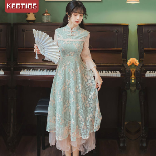 【Kectios™】改良版女漢服旗袍文藝復古長旗袍裙漢服七分袖喇叭袖連衣裙