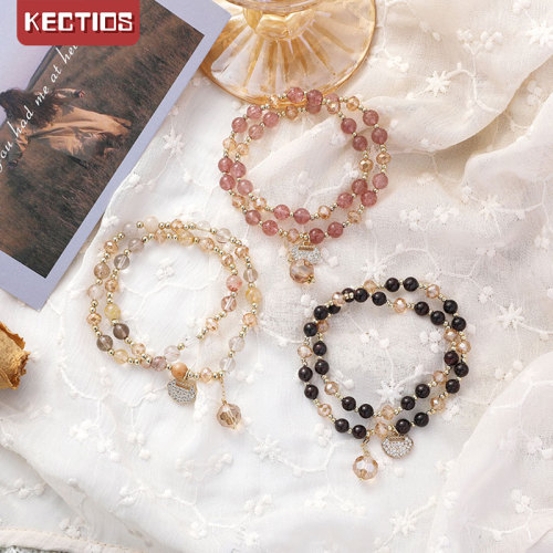 【Kectios™】新款雙圈彩發晶手鏈女潮日韓時尚微鑲長命鎖草莓晶石榴石手串