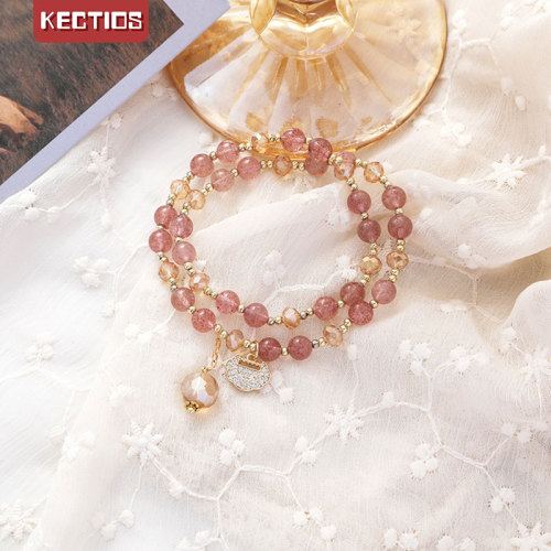 【Kectios™】新款雙圈彩發晶手鏈女潮日韓時尚微鑲長命鎖草莓晶石榴石手串