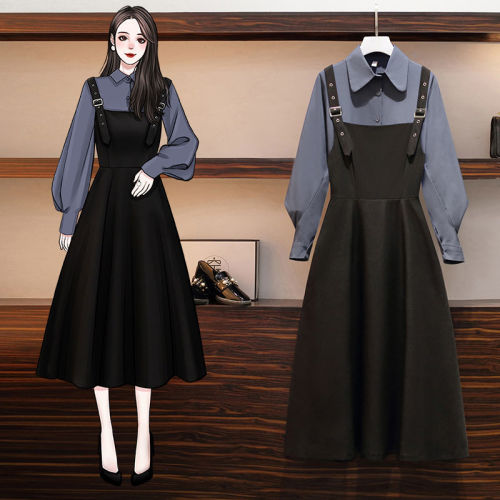 【Kectios™】2021秋季新款時尚襯衫遮肚顯瘦大碼背帶連衣裙女裝兩件套