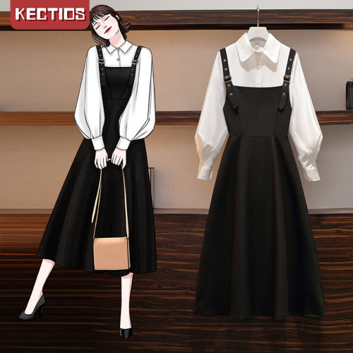 【Kectios™】2021秋季新款時尚襯衫遮肚顯瘦大碼背帶連衣裙女裝兩件套