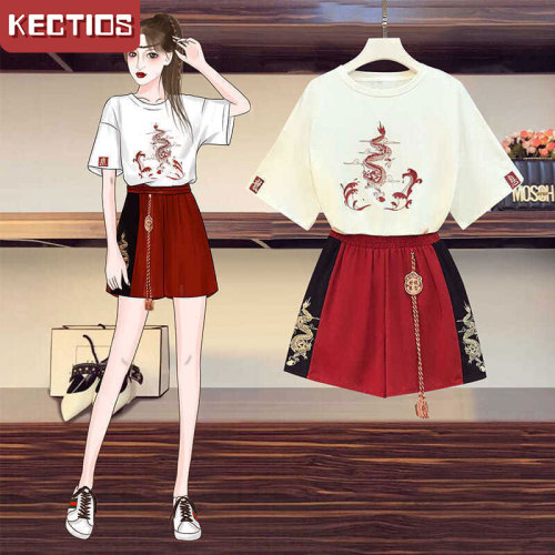 【Kectios™】大碼女裝2021夏裝新款洋氣顯瘦中國風闊腿褲微胖妹妹遮肉兩件套裝