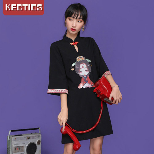【Kectios™】蝕骨旗袍2021年輕款胖MM少女中國風改良漢服裙唐美女印花寬鬆大碼