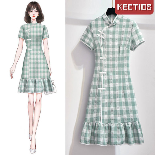 【Kectios™】【預售15天】大碼女裝胖妹妹夏季新款裙子遮肚顯瘦國風改良版旗袍連衣裙女