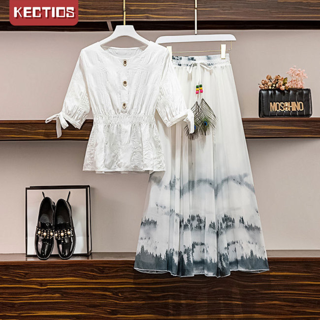 【Kectios™】大碼女裝200斤胖妹妹連衣裙套裝女2021新款夏季顯瘦減齡兩件套潮