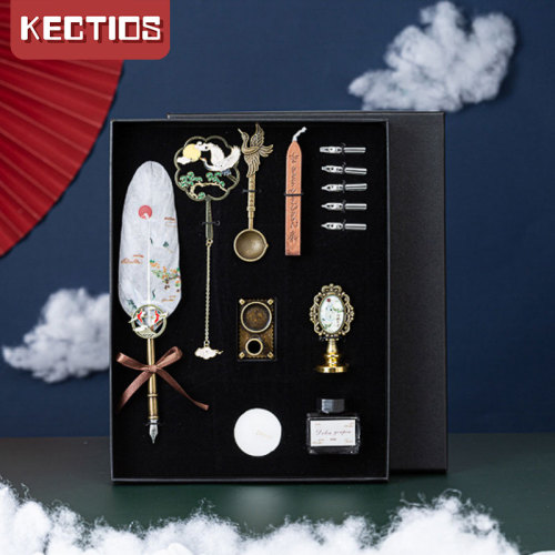 【Kectios™】國風羽毛筆套裝見鶴歸筆記本套裝仙鶴羽毛筆國風禮品