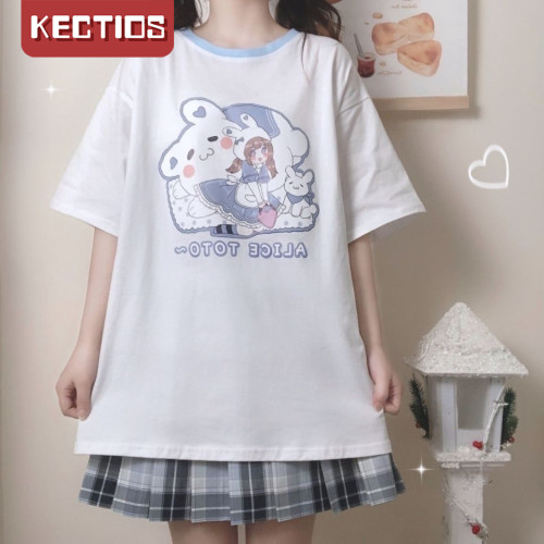 【Kectios™ 】短袖動漫少女上衣可愛寬鬆原宿風半袖ins潮日系軟妹白色t卹女夏季