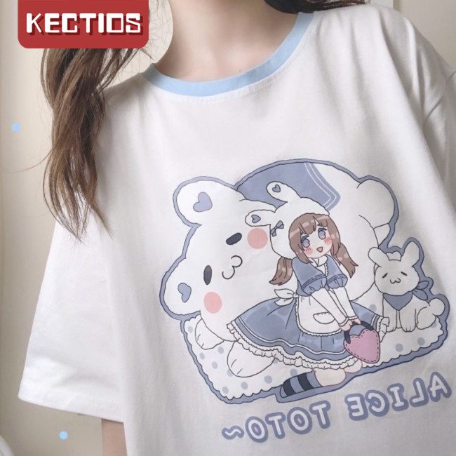 【Kectios™ 】短袖動漫少女上衣可愛寬鬆原宿風半袖ins潮日系軟妹白色t卹女夏季