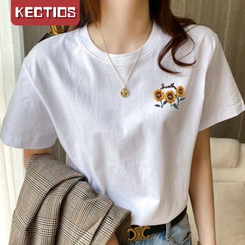 【Kectios™】100％純棉刺繡短袖t卹女寬鬆2021夏新款大碼洋氣半袖網紅上衣ins潮