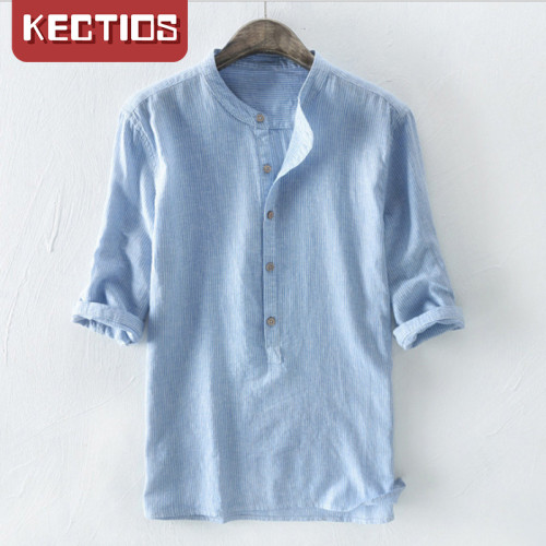 【Kectios™】2021夏季新品休閒百搭細條紋中袖男裝套頭襯衫上衣