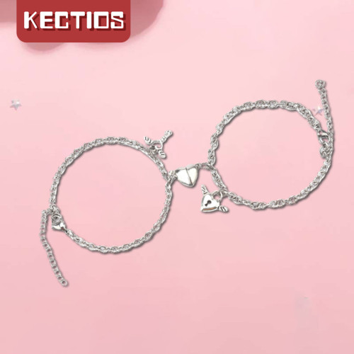 【Kectios™】2021新款鈦鋼情侶手鍊不鏽鋼簡約心形磁鐵相吸鎖鑰匙男女手鍊一對