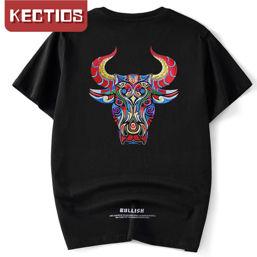 【Kectios™】夏季新款牛年本命年原創復古風潮流短袖t卹男寬鬆刺繡大碼上衣