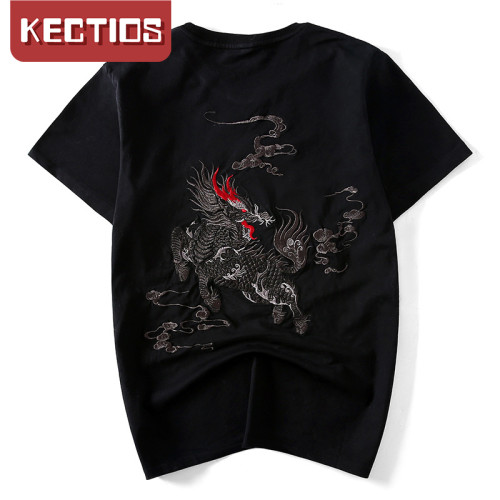 【Kectios™】夏季新款原創復古風麒麟刺繡寬鬆純棉半袖體恤社會短袖t卹