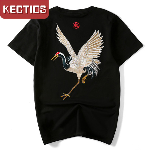 【Kectios™】 夏季新款原創復古風民族風純棉刺繡仙鶴男裝短袖t卹寬鬆