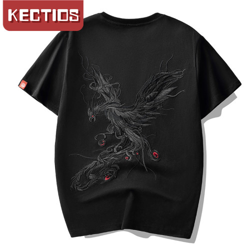 【Kectios™】 2021春夏新款純棉潮流寬鬆短袖t卹男原創復古風男裝鳳凰刺繡半袖