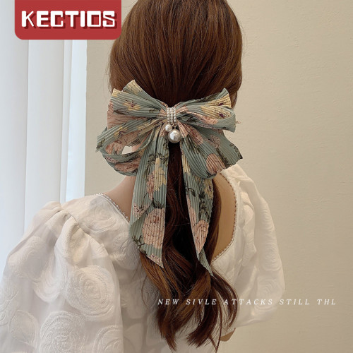 【Kectios™】韓式珍珠大蝴蝶結髮夾褶皺飄帶頂夾