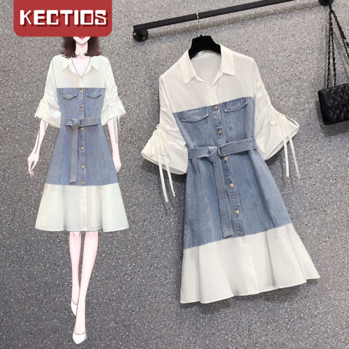 【Kectios™】大碼女裝2021夏季新款胖妹妹氣質拼接襯衫裙子收腰顯瘦牛仔連衣裙