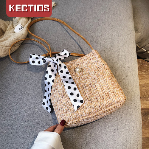【Kectios™】新款韓版百搭單肩斜挎時尚絲巾草編包