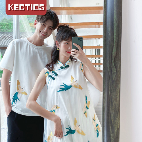 【Kectios™】新款情侶裝復古風旗袍改良連衣裙男T恤套裝情侶