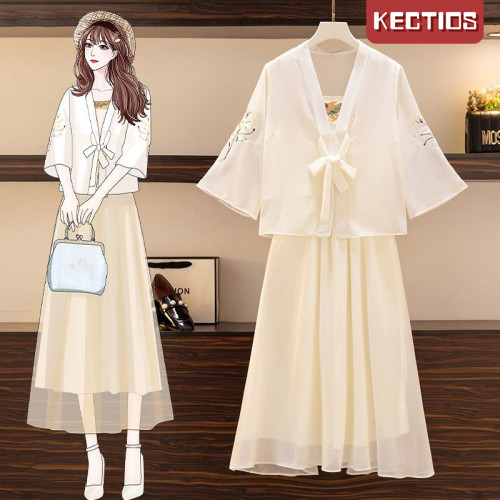 【Kectios™】大碼女裝2021夏季新款中國風改良漢服減齡雪紡連衣裙兩件套【預售15天發貨】