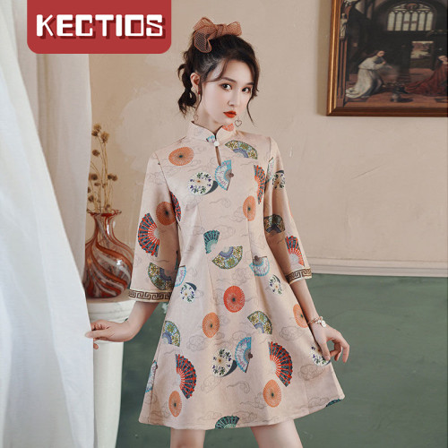 【Kectios™】倒大袖旗袍改良版春夏季日常連衣裙少女a字裙中國風短款七分袖