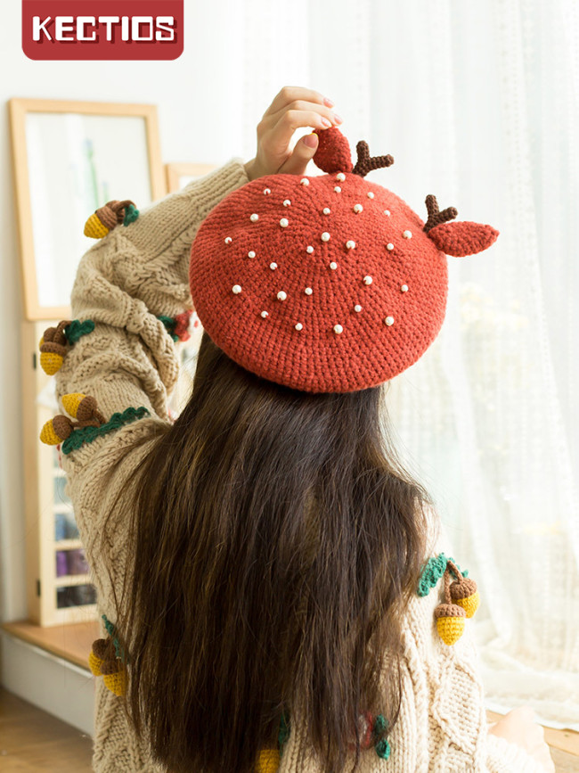 【Kectios™】小鹿貝雷帽手工diy鉤針編織帽子聖誕節中粗毛線團材料包譱
