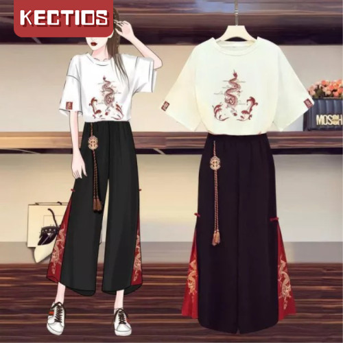 【Kectios™】2021夏季套裝女新款中國風漢服顯瘦闊腿褲兩件套潮【10天左右发货预售】